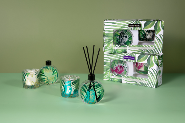 55ml diffuser in glass bottle+4pcs cotton reeds+ 60g scented glass candle in gift box